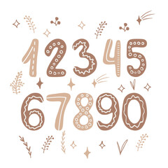 Set of numbers handwritten font with different elements: stars, plants, leaves. Vector font numbers