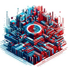 A red and blue colorful digital pixel art, modern design, isolated on white background