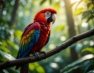 Scarlet macaw with striking red, blue and yellow feathers, perched on a tree branch in a dense tropical rainforest. A beautifully detailed bird
