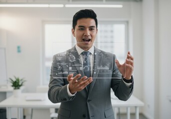 Enthusiastic businessman presenting data on transparent digital display in a modern office.