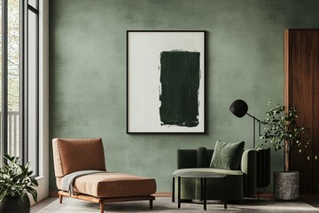 Vertical mock up poster frame in olive green modern interior background, living room, Scandinavian style.