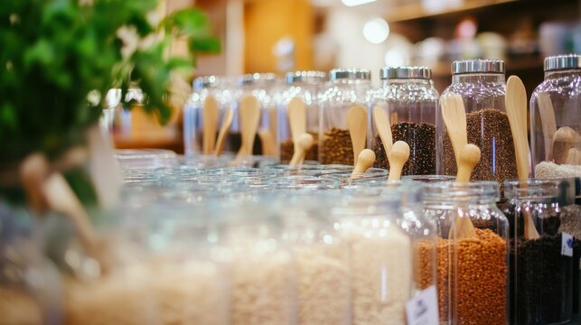 Variety of Spices in Glass Containers with Wooden Spoons Displayed
