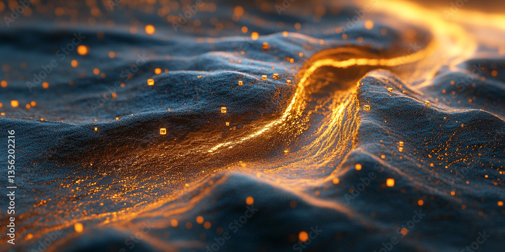 Poster dark blue textured surface with glowing orange particles and stream, creating a dynamic and energeti