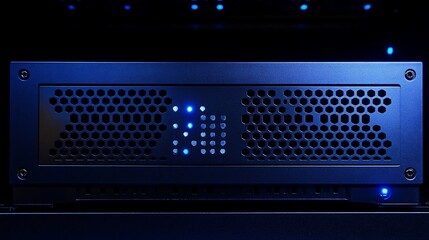 Data center server with blue illumination and perforated hexagon pattern