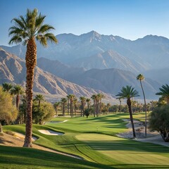 golf course with palm trees in background, palm trees in the desert, golf course with palm trees in the background, 