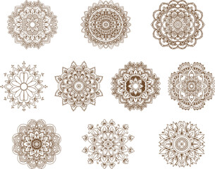 An intricate collection of luxury mandala ornaments, for decorative artwork, branding, invitations, and cultural projects.