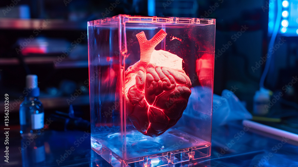 Poster this heart specimen is illuminated in a lab setting, showcasing cutting-edge genetic research.