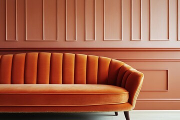Terra cotta velvet sofa near wainscoting paneling wall. Mid century interior design of modern living room. Created with