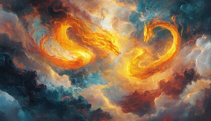 Fiery Dragons Ascending Amidst Celestial Clouds: A Vibrant Mythical Display