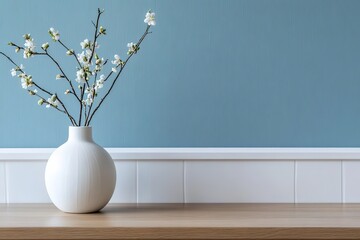 White vase on wooden table with fancy dining room interior with white and blue wall