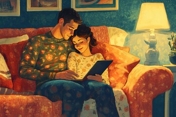 Young married couple sitting on sofa in the living room at home using tablet PC for internet and social media.