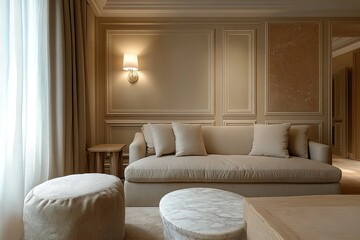 Stylish living room in beige tones with a sofa, a sconce, a wooden table, a marble side table and pouf