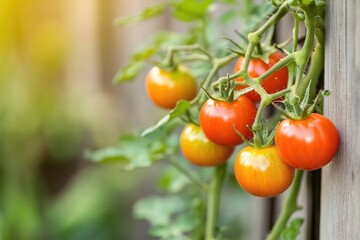 Vibrant tomatoes on a vine against a wooden fence
