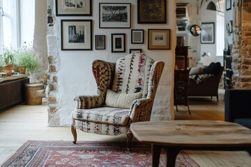 Wing chair near rustic wooden coffee table. Interior design of scandinavian living room with frames