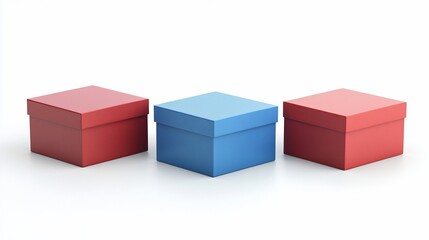 Isolated three color boxes composition, simple minimalist arrangement, 3D render
