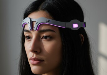 Portrait of a woman wearing a futuristic neurotech headset with glowing accents, representing advancements in neuroscience.