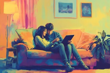 Young married couple sitting on sofa in the living room at home using tablet PC for internet and social media.