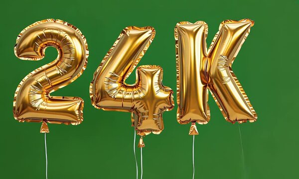 Gold foil balloons shaped as 24k floating gracefully on a solid green screen background, ideal for dynamic video editing and animation
