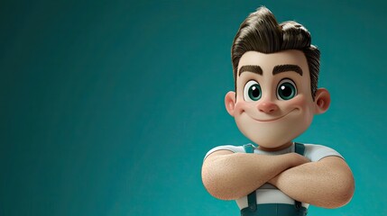 Friendly cartoon handyman, arms crossed, teal background, service advert