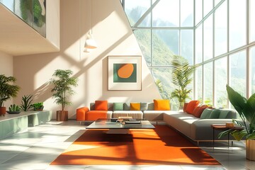 Zoom background: a modern high penthouse living room with large windows