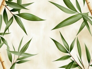 Fototapeta premium Lush green bamboo leaves framed on a soft beige background.