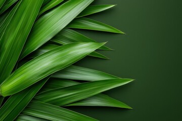 Obraz premium Vibrant green leaves arranged beautifully on a dark green background.