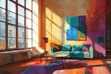 Stylized as an oil painting a modern interior room has colorful walls large windows and stylish furniture with a bright and stylish design