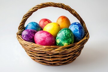 Colorful Marble Easter Eggs in Wicker Basket on White Background, Holiday, Decoration