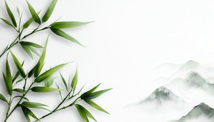 Green bamboo leaves with serene mountain landscape in soft, muted tones.