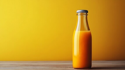 Bright and inviting orange juice fills a clear glass bottle, set against a cheerful yellow backdrop. This drink symbolizes freshness, health, and summer enjoyment with each sip.