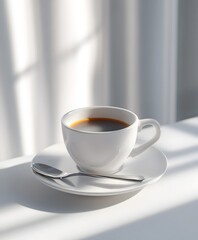 Obraz premium Espresso cup on a saucer with a spoon in bright high contrast lighting