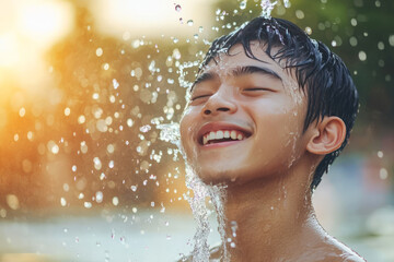 Joyful Asian Teen Enjoying Refreshing Water Splashing on Face in Summer Sunshine