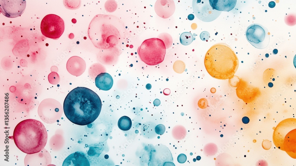 Poster abstract watercolor background with colorful circles and splashes in shades of red, blue, and orange