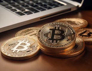 Multiple Bitcoin coins scattered on a modern office desk with a sleek laptop