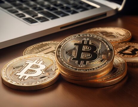 Multiple Bitcoin coins scattered on a modern office desk with a sleek laptop