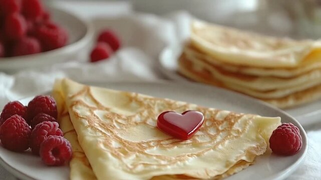 Delicious pancakes with raspberry and heart-shaped topping on a cozy plate