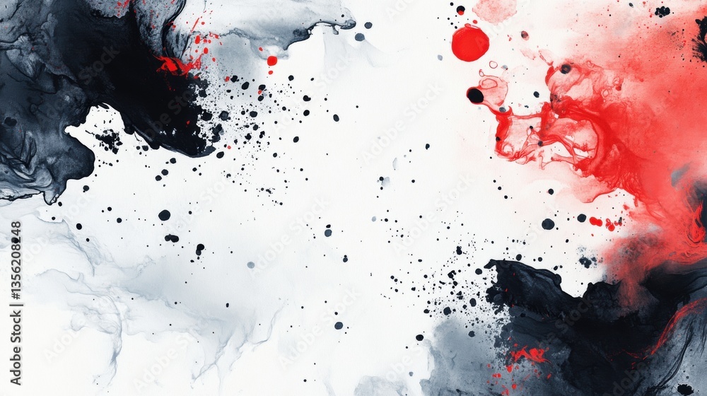Poster abstract fluid art with swirling red and black paint on a white background featuring dynamic splashe