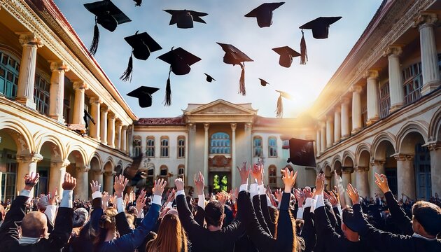 students throwing graduation caps into the air in front of their school. Bright celebratory scene capturing academic achievement, friendship, success and the excitement of graduation day.