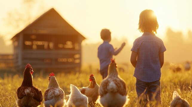 Kids joyfully feed backyard chickens at sunset, embracing organic living and self-sufficiency