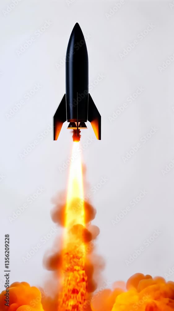 Poster rocket soaring through sky, flames trailing behind, symbolizing innovation and progress