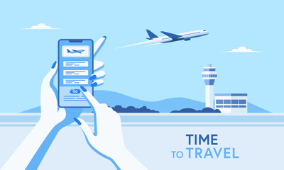 Book flights from your smartphone with airplanes taking off and airports in the background.