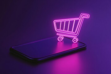 Glowing Pink Neon Shopping Cart Icon on Smartphone Display in Dark Purple Lighting