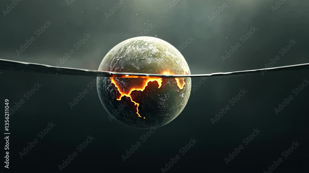 Poster floating globe partially submerged in dark water, illuminating with fiery glow below surface