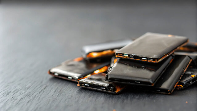 Burnt Mobile Phones Piled Together on a Dark Surface After Fire Accident or Damage
