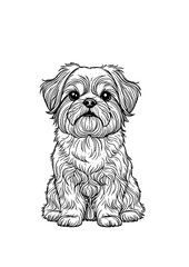 Shih Tzu Puppy Illustration – Hand Drawn Black and White Fluffy Dog Line Art Sitting for Tattoo, Logo, Coloring Page, or Pet Design