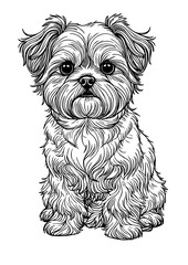 Fluffy Shih Tzu Puppy Illustration – Hand Drawn Black and White Long-Haired Dog Line Art Sitting for Tattoo, Logo, Coloring Page, or Pet Design