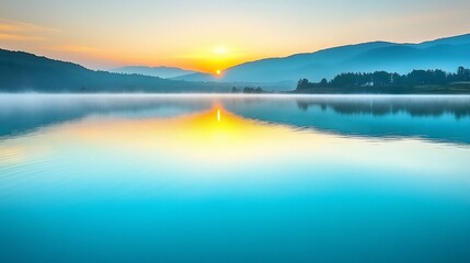 Fototapeta premium Sunrise over misty mountain lake reflecting dawn