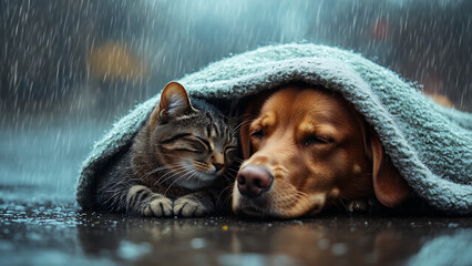 cat and dog cuddle under cozy blanket on rainy day, sharing warmth and companionship. serene moment highlights their bond amidst gentle rain