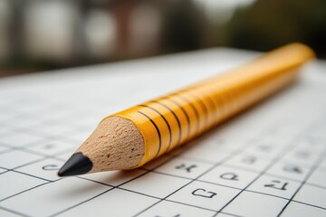 A closeup view of a yellow pencil on graph paper