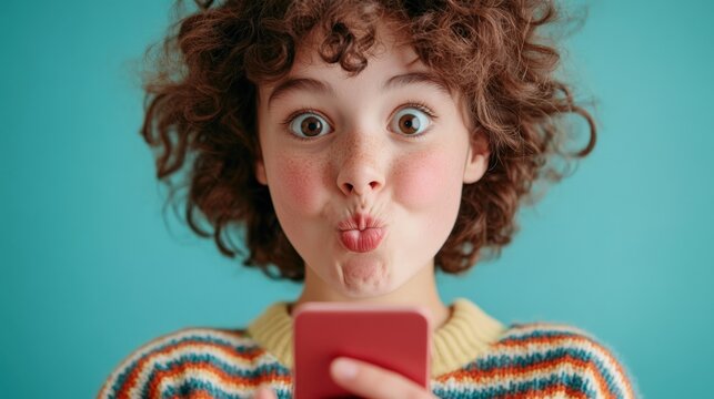 Girl with phone makes kissy face